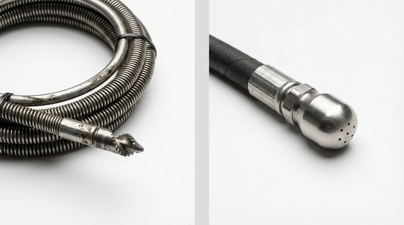 Drain snake cable and hydro jetting nozzle used for drain cleaning in Monroe, UT
