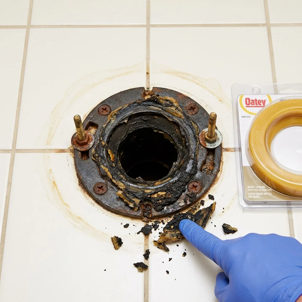Failed wax ring showing water seepage at the base of a toilet in a Monroe, UT home