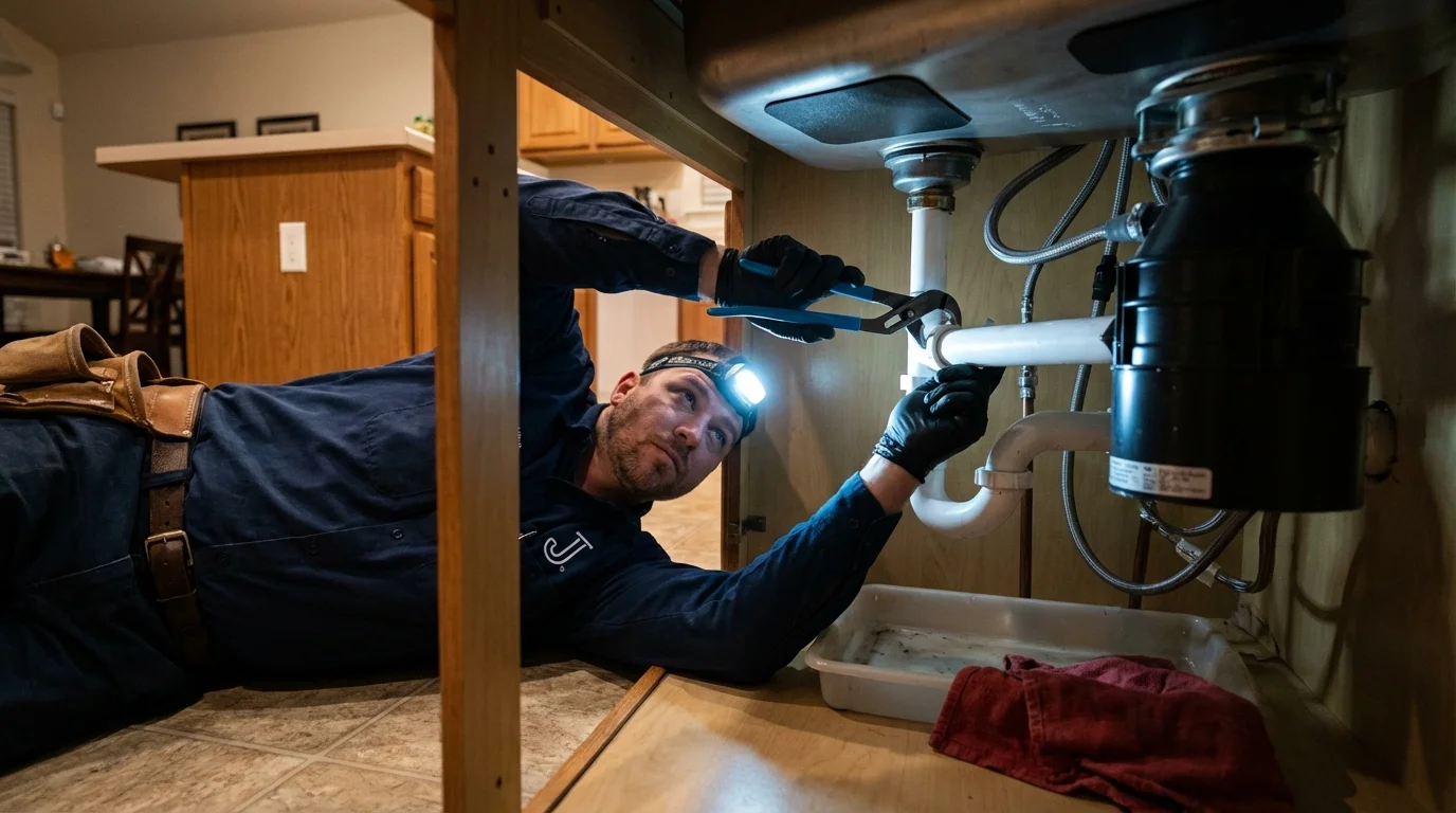 P-trap and supply line connections under a kitchen sink showing a common leak point in Monroe, UT